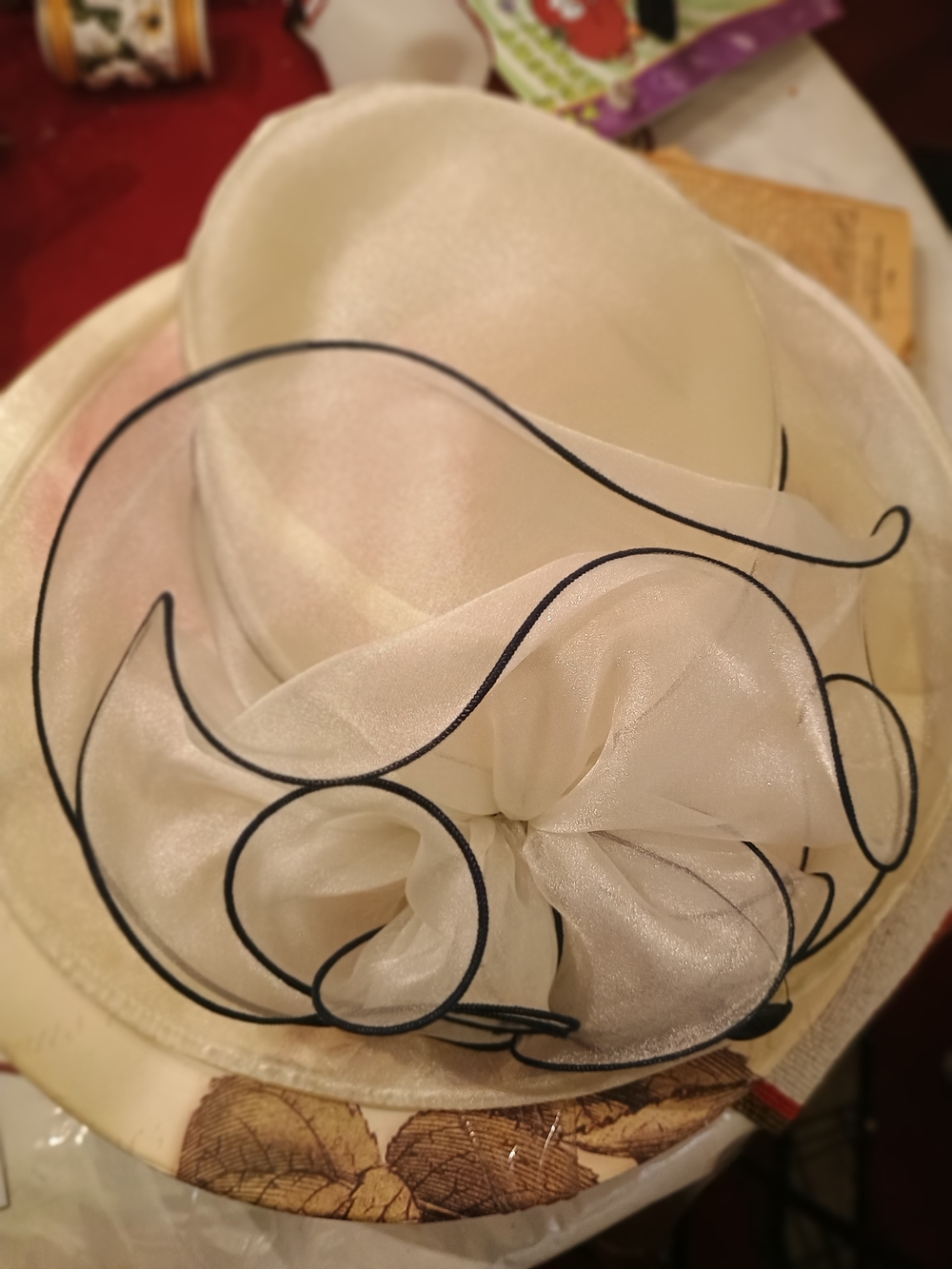 Elegant Cream Women's Dress Hat with Black Trim